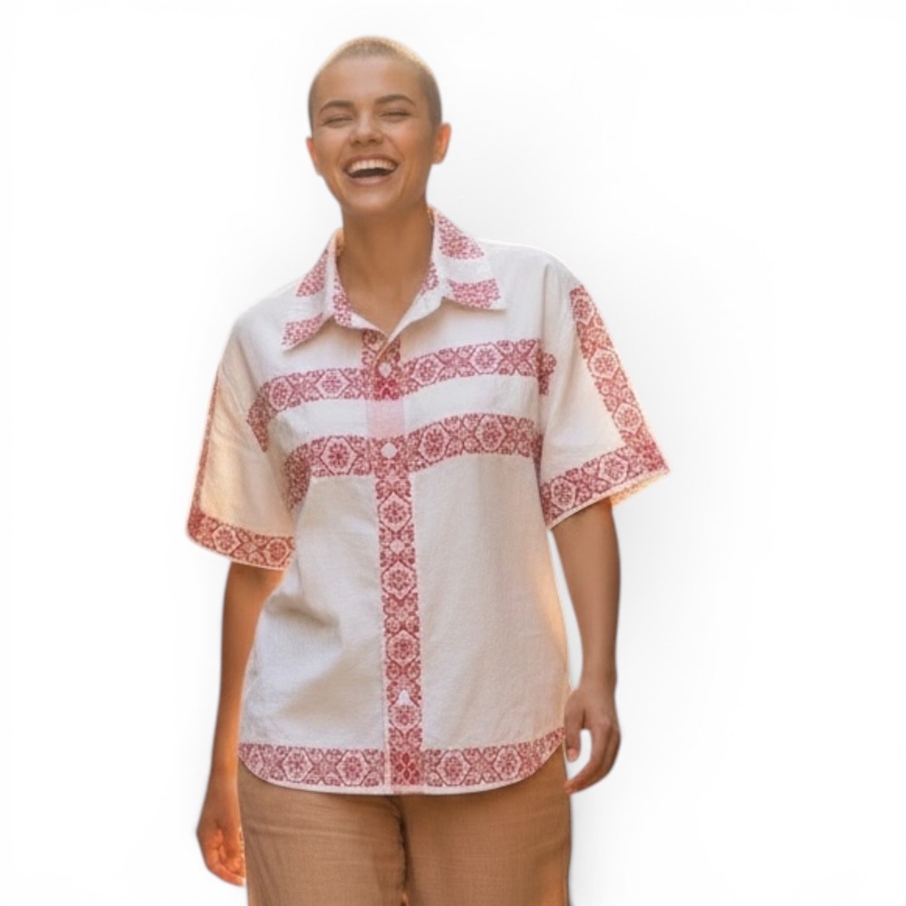 Vintage Red Cream Woven Tapestry Floral Button Up Short Sleeve Shirt Boho Boxy